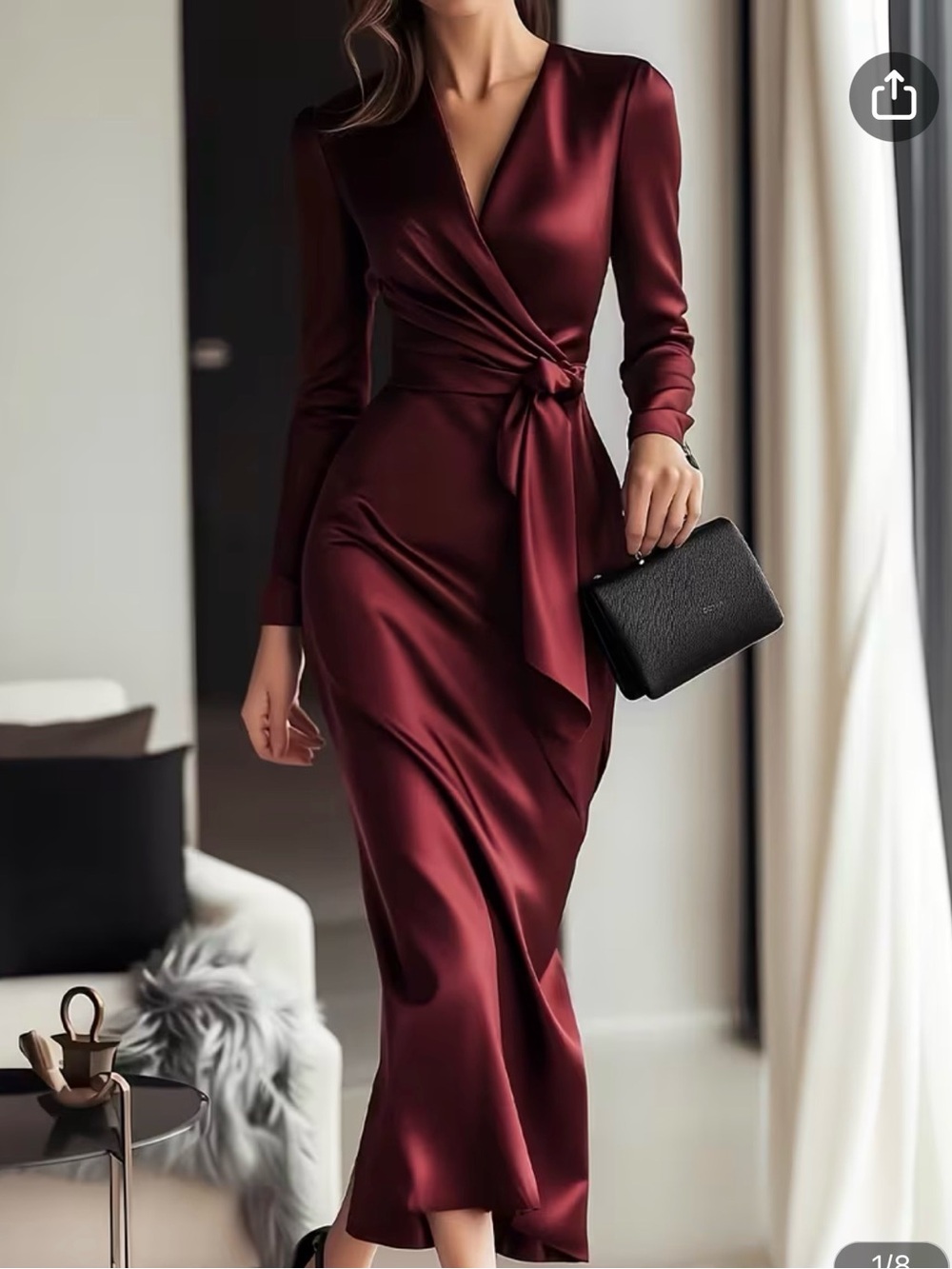 Burgundy Satin Wrap Maxi Dress S-M | Long Sleeve Elegant Evening Dress